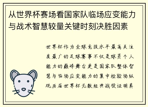 从世界杯赛场看国家队临场应变能力与战术智慧较量关键时刻决胜因素